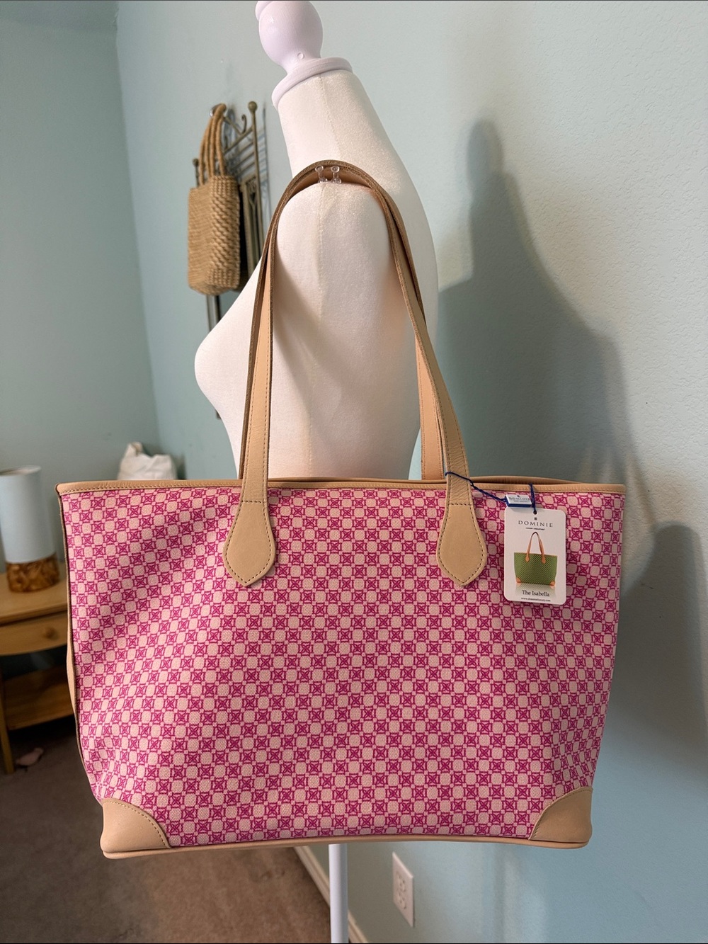 Designer Isabella Pattern Print Tote with Tan Leather Trim and Pouch